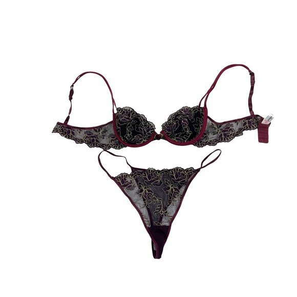 Sheer Purple Embroidered Lingerie Set W/ Underwire Bra & Matching Thong Size 34B - Picture 8 of 8